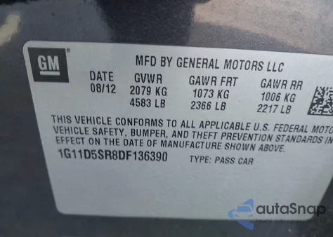 2013 Chevrolet Malibu Eco z USA, uszkodzony, nr VIN 1G11D5SR8DF136390